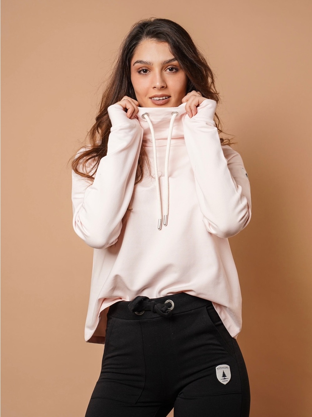 WANAKOME Women Light Pink Funnel Neck Sweatshirt Drawstring Pullover Size Small